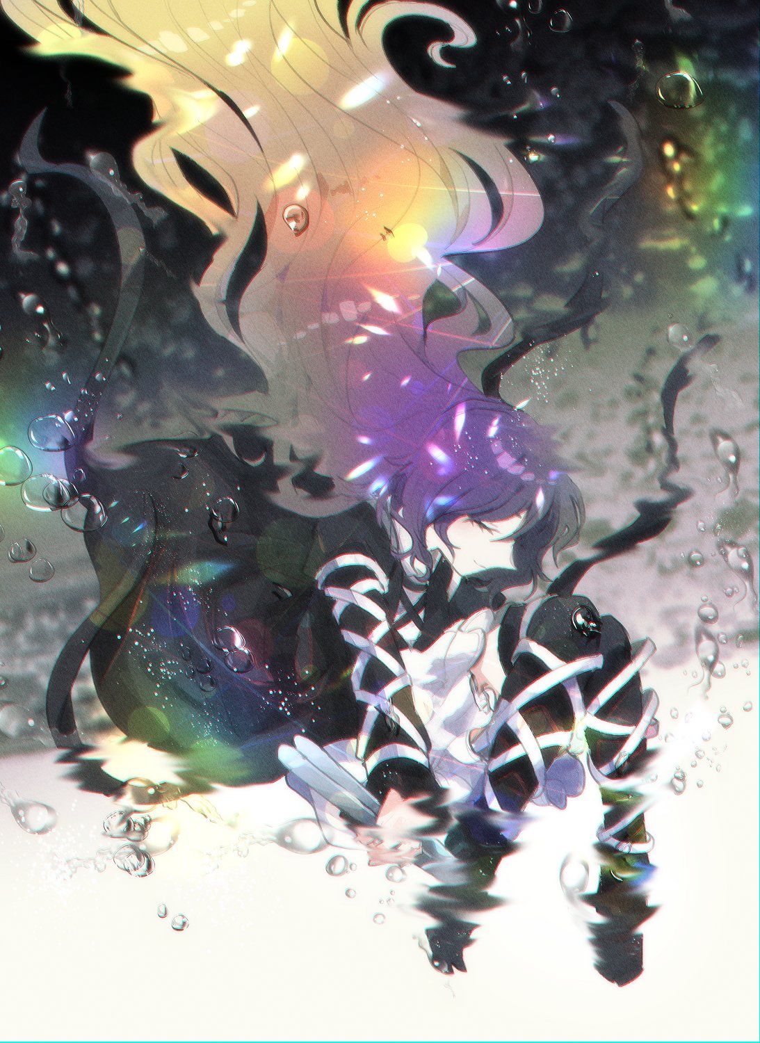 1girl air_bubble blonde_hair bubble closed_eyes closed_mouth commentary_request cross-laced_clothes dress highres hijiri_byakuren holding holding_scroll itomugi-kun layered_dress long_hair multicolored_hair purple_hair rainbow scroll smile solo sorcerer's_sutra_scroll submerged touhou two-tone_hair underwater white_dress