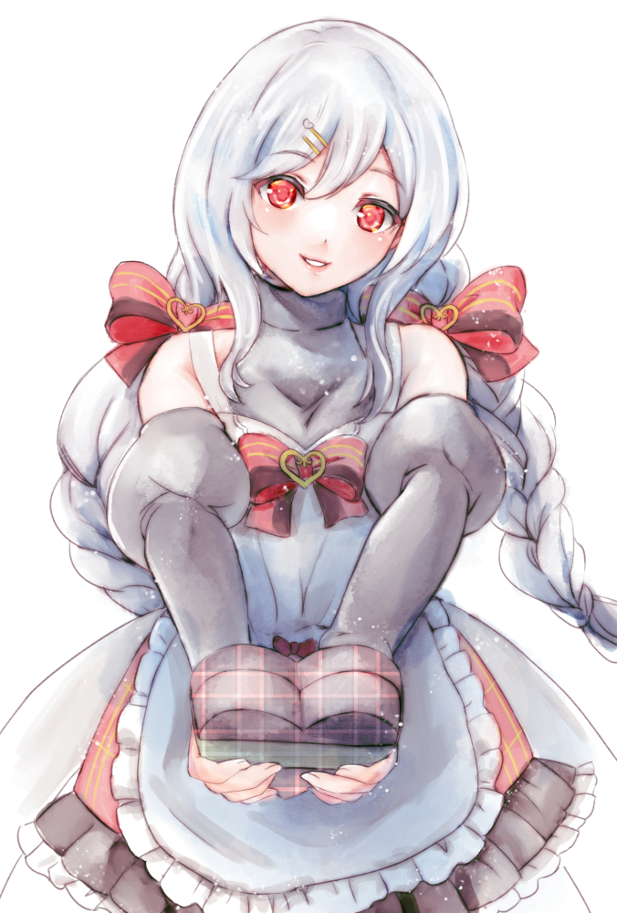 1girl alternate_hairstyle anna_(sennen_sensou_aigis) apron bow detached_sleeves dress food grey_hair hair_bow hair_ornament hairclip heart-shaped_gem long_hair red_bow red_eyes sennen_sensou_aigis simple_background smile standing twintails very_long_hair white_background yamakou_(pixiv16324)