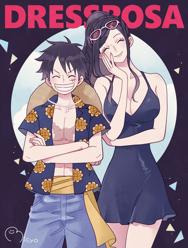 1boy 1girl ^_^ blue_shorts breasts circle cleavage closed_eyes commentary crossed_arms dress eyewear_on_head floral_print hand_on_own_cheek hand_on_own_face hat micyomon monkey_d._luffy nico_robin one_piece open_clothes open_shirt ponytail sash scar scar_on_chest scar_on_face short_dress short_hair shorts sidelocks signature sleeveless sleeveless_dress smile straw_hat sunflower_print triangle yellow_sash