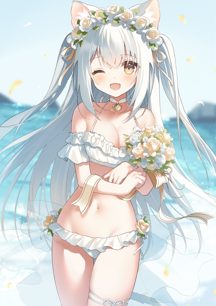 1girl :d animal_ears bikini bikini_skirt blush bouquet breasts brown_eyes brown_flower cat_ears cat_girl cat_tail choker clear_sky cleavage collarbone cowboy_shot day falling_leaves floating_hair flower frilled_bikini frills hair_between_eyes halterneck heart heart_choker highres holding holding_bouquet horizon hugging_object large_breasts laurel_crown leaf leg_ribbon legs_together long_hair looking_at_viewer navel norn_(norncoco) ocean one_eye_closed open_mouth original outdoors pleated_skirt ribbon side-tie_bikini_bottom sidelocks skindentation skirt sky smile solo stomach swimsuit tail thigh_ribbon thighs two_side_up very_long_hair water white_bikini white_choker white_flower white_hair white_ribbon