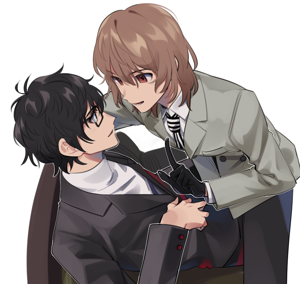 2boys akechi_gorou amamiya_ren black-framed_eyewear black_gloves black_hair blush brown_hair elut from_side glasses gloves hair_between_eyes jacket long_sleeves looking_at_another male_focus messy_hair multiple_boys necktie open_mouth persona persona_5 red_eyes school_uniform shirt short_hair shuujin_academy_school_uniform sitting sitting_on_person smile striped_necktie white_background yaoi