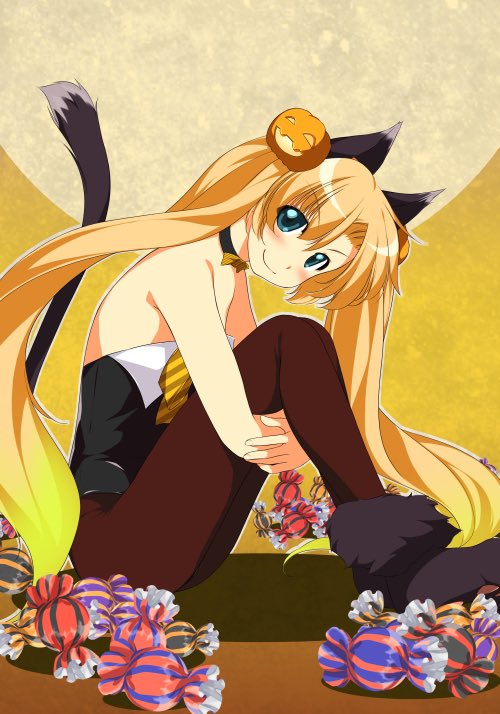 1girl animal_ears animal_hands atelier-moo bare_arms bare_shoulders blonde_hair breasts candy cat_ears cat_paws cat_tail collar food full_body green_eyes hair_between_eyes hair_ornament halloween halloween_costume happy_halloween hugging_own_legs long_hair machida_madoka machidake moon pantyhose sitting small_breasts smile solo tail thighs twintails very_long_hair