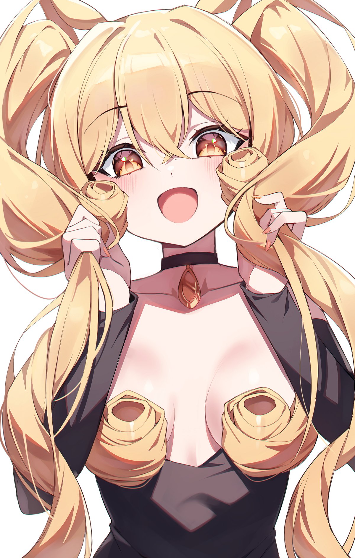1girl bare_arms bare_shoulders black_choker black_dress blonde_hair breasts choker chung_(ugwa) cleavage crop_top detached_sleeves dress english_commentary framed_breasts hair_censor hair_ears hair_over_breasts highres long_hair looking_at_viewer medium_breasts open_mouth original simple_background smile solo ugwa upper_body white_background yellow_eyes