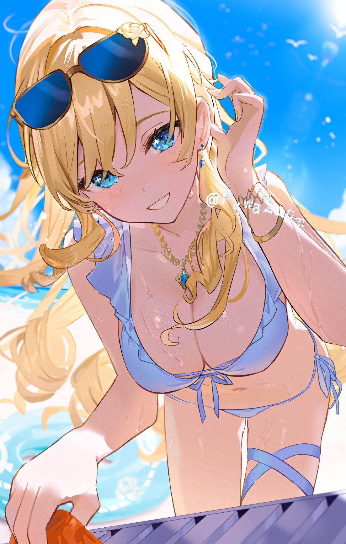 1girl :d bent_over bikini blonde_hair blue_bikini blue_eyes breasts cleavage collarbone cowboy_shot drill_hair earrings eyewear_on_head floating_hair foreshortening front-tie_bikini_top front-tie_top genshin_impact grin hair_between_eyes hand_in_own_hair highres jewelry large_breasts legs_together long_hair low_twintails navel navia_(genshin_impact) omelet_tomato open_mouth outstretched_arm pendant side-tie_bikini_bottom sidelocks smile solo stomach stud_earrings sunglasses swimsuit teeth thigh_gap thighs tucking_hair twin_drills twintails twitter_username very_long_hair
