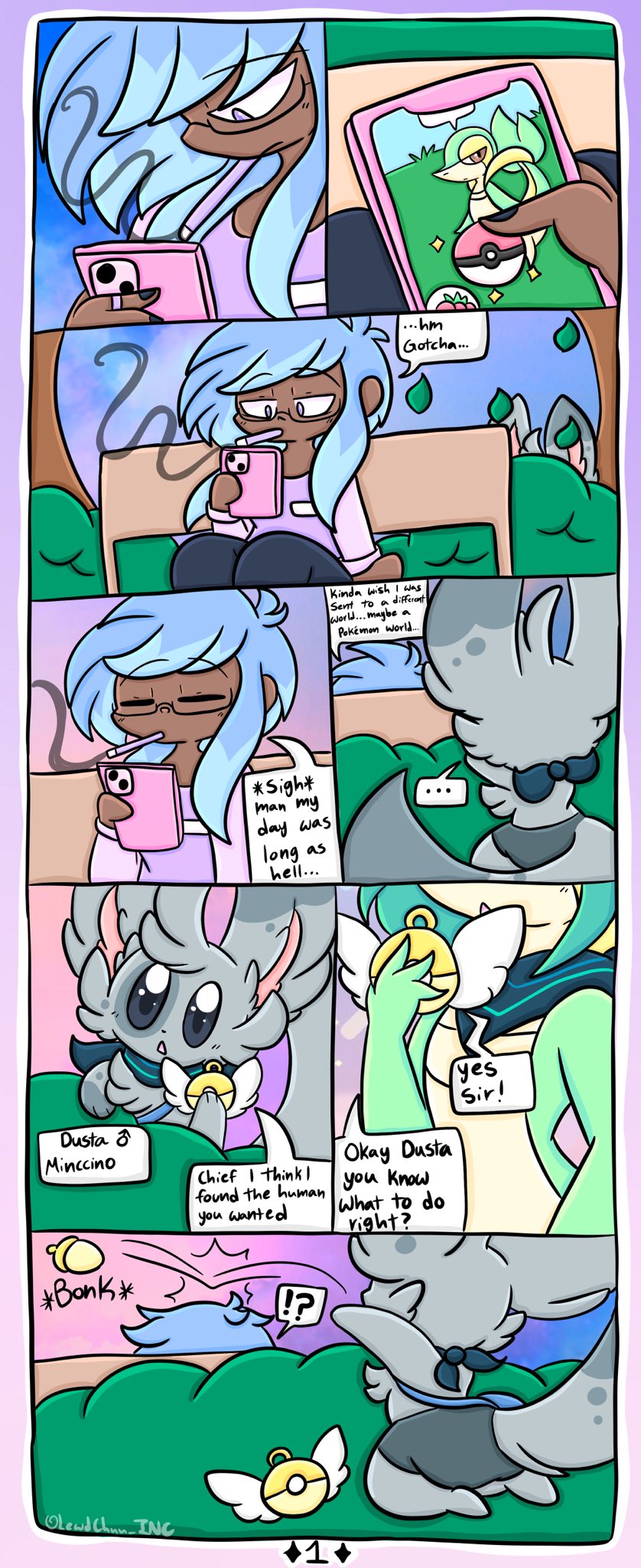 anthro blue_hair brown_body comic dialogue electronics english_text female generation_5_pokemon green_hair grey_body hair hi_res huckleberry_(lewdchuu) human lewdchuu_(artist) male mammal minccino nintendo phone pokeball pokemon pokemon_(species) pokemon_go pokemon_mystery_dungeon pyon_(lewdchuu) smoking snivy solo speech_bubble text throwing