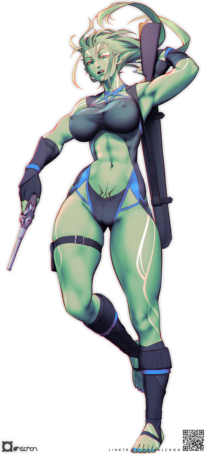 1girl abs alien armpits black_gloves black_socks breasts cameltoe colored_skin commission covered_nipples english_commentary facial_mark facial_tattoo fingerless_gloves full_body gloves green_eyes green_hair green_skin gun handgun highres holding holding_gun holding_weapon holster imryll_(orihalchon) kneehighs large_breasts leg_tattoo licking_lips long_hair muscular muscular_female navel no_shoes original orihalchon pubic_tattoo qr_code rifle shoulder_tattoo socks solo stirrup_legwear tattoo thick_thighs thigh_holster thighs toeless_legwear toes tongue tongue_out vambraces weapon weapon_on_back