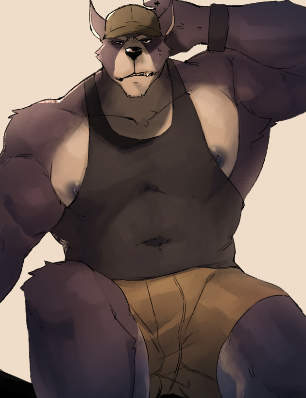 anthro biceps bottomwear canid clothing fur male mammal muscular muscular_anthro muscular_male nipples pecs shirt shorts solo sozoronabi tank_top topwear triceps