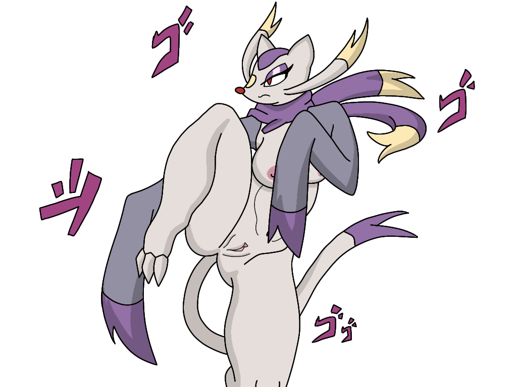 anthro breasts canid canine digital_media_(artwork) enderbendr fan_character female fighting_pose fur generation_5_pokemon genitals mammal mienshao nintendo nipples nude onomatopoeia pokemon pokemon_(species) pose pussy simple_background solo sound_effects standing tail text