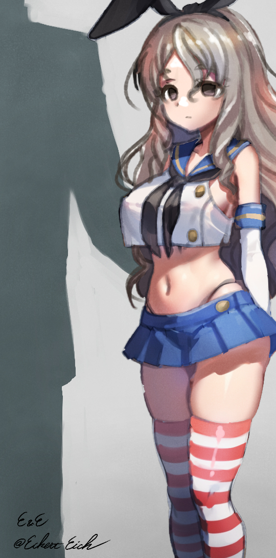 1boy 1girl artist_name black_hairband black_neckerchief black_panties blue_sailor_collar blue_skirt brown_eyes cosplay crop_top eckert&amp;eich elbow_gloves empty_eyes gloves grey_hair hairband highleg highleg_panties kantai_collection long_hair microskirt miniskirt neckerchief one-hour_drawing_challenge panties pleated_skirt pola_(kancolle) sailor_collar shimakaze_(kancolle) shimakaze_(kancolle)_(cosplay) shirt skirt sleeveless sleeveless_shirt solo_focus standing striped_clothes striped_thighhighs thighhighs twitter_username underwear white_gloves
