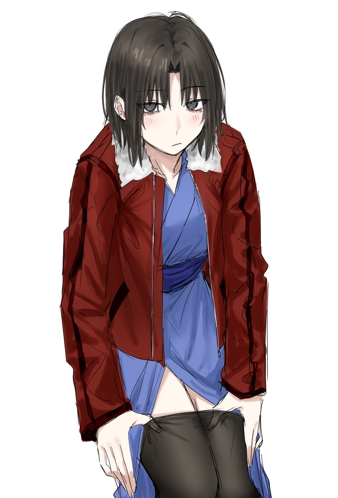 1girl black_eyes black_hair blue_kimono blush clothes_pull commentary_request egomeshi expressionless fur-trimmed_collar fur_trim highres jacket japanese_clothes kara_no_kyoukai kimono leather leather_jacket long_sleeves looking_at_viewer obi open_clothes pantyhose pantyhose_pull red_jacket ryougi_shiki sash short_hair simple_background solo thighs undressing white_background
