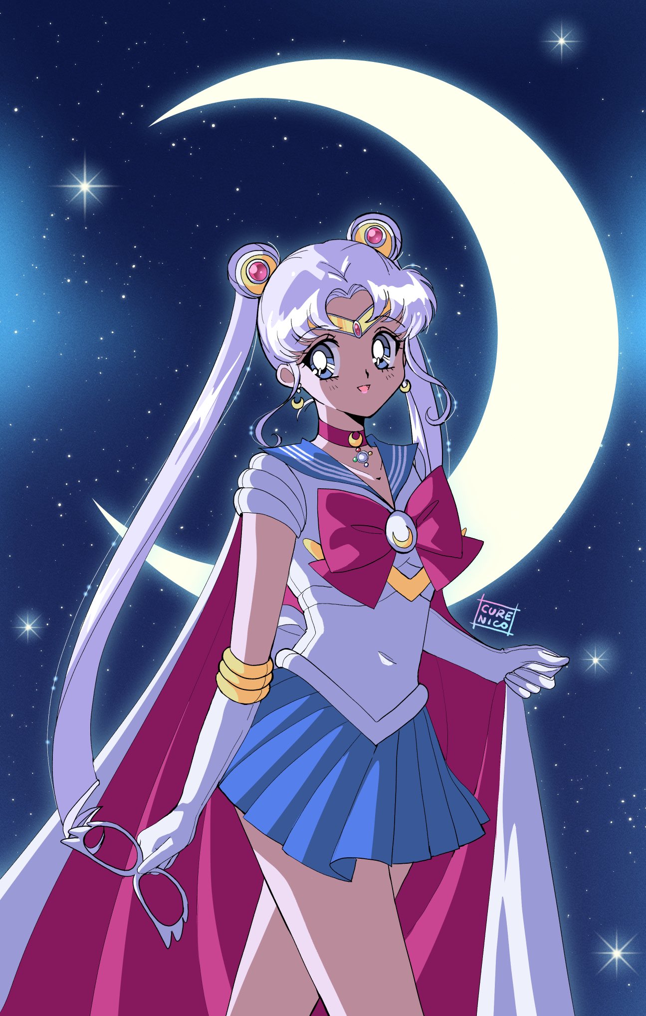 1girl artist_name bishoujo_senshi_sailor_moon blue_skirt bow cape choker cure_nico earrings eyewear_removed glasses gloves highres holding holding_eyewear jewelry magical_girl moon official_alternate_costume open_mouth red_bow red_choker retro_artstyle sailor_moon skirt sky star_(sky) starry_sky tsukino_usagi white_cape white_gloves