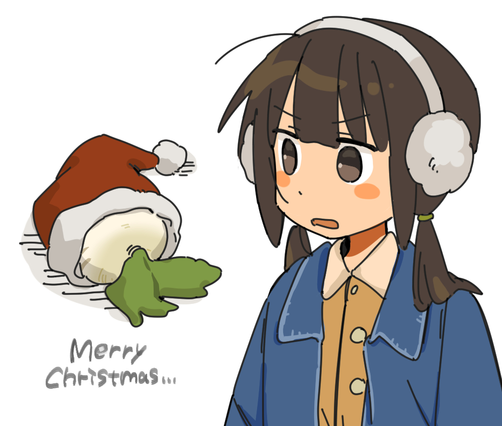 1girl arms_at_sides blue_jacket blush brown_eyes brown_hair collared_shirt dot_nose earmuffs hair_tie hat jacket long_hair looking_to_the_side low_twintails merry_christmas open_clothes open_jacket open_mouth orange_shirt original ozu_(oz_yarimasu) santa_hat shirt sidelocks simple_background solo turnip twintails upper_body v-shaped_eyebrows white_background