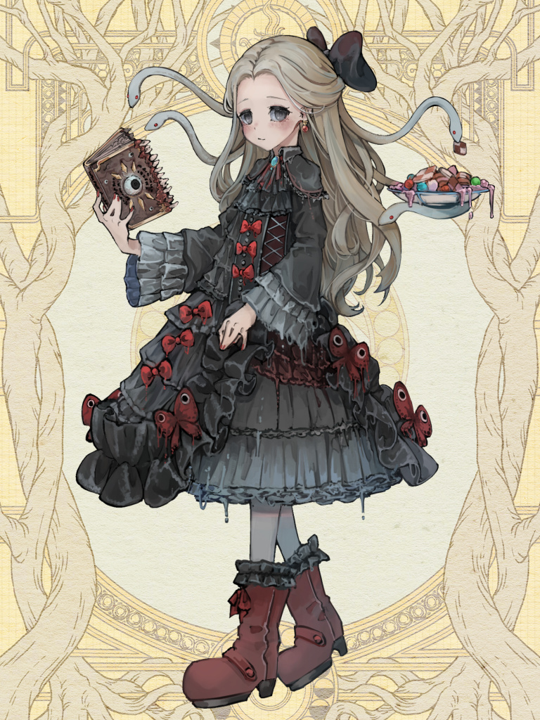 1girl black_bow black_dress book bow brown_footwear checkerboard_cookie cookie dairoku_ryouhei dessert dress dress_bow earrings food full_body gothic_lolita grey_eyes grimoire jewelry kajaneko lolita_fashion long_hair long_sleeves pantyhose red_bow snake_hair solo standing virginia_luxuria yellow_background