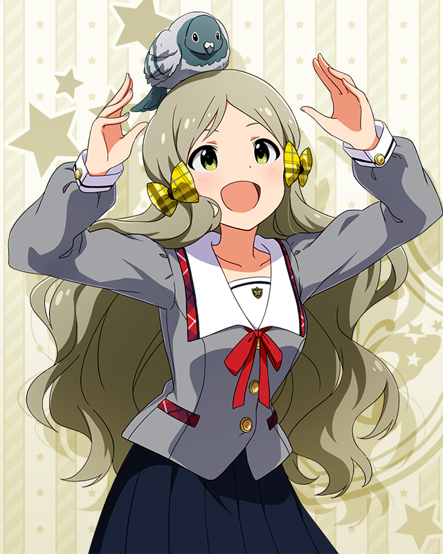 1girl :d animal_on_head arms_up bird bird_on_head black_skirt breasts buttons collar collarbone cowboy_shot dot_nose fluffy_hair grey_serafuku grey_shirt handa_roco idolmaster idolmaster_million_live! idolmaster_million_live!_theater_days junior_high_schoolmate_(idolmaster) light_blush light_brown_hair long_hair long_sleeves looking_up neck_ribbon official_alternate_costume official_art on_head open_mouth parted_bangs pigeon plaid plaid_collar plaid_ribbon pleated_skirt red_ribbon ribbon school_uniform serafuku shirt skirt small_breasts smile solo starry_background twintails very_long_hair wavy_hair white_collar yellow_ribbon