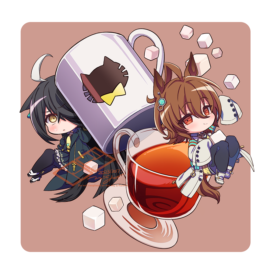 2girls agnes_tachyon_(umamusume) ahoge animal_ears black_hair black_pantyhose blush border brown_hair chibi chibi_only coat cup dated frown full_body hair_between_eyes hair_ornament hair_over_one_eye horse_ears horse_girl horse_tail long_sleeves manhattan_cafe_(umamusume) mini_person minigirl multiple_girls n:go pantyhose plate short_hair signature sleeves_past_fingers sleeves_past_wrists smile sugar_cube sweat tail tea umamusume white_border white_coat yellow_eyes