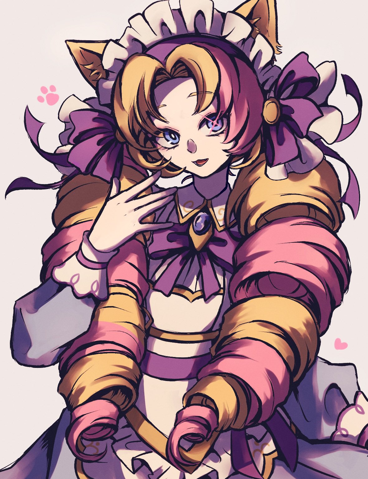 1girl :d animal_ears blonde_hair bow bowtie cafe_cuties_gwen cat_ears cat_girl dress drill_hair fang gem gwen_(league_of_legends) highres league_of_legends long_hair long_sleeves lower_teeth_only maid_headdress multicolored_hair pink_bow pink_bowtie pink_eyes pink_hair smile soda_(sodaa_811) solo teeth tongue twin_drills two-tone_hair