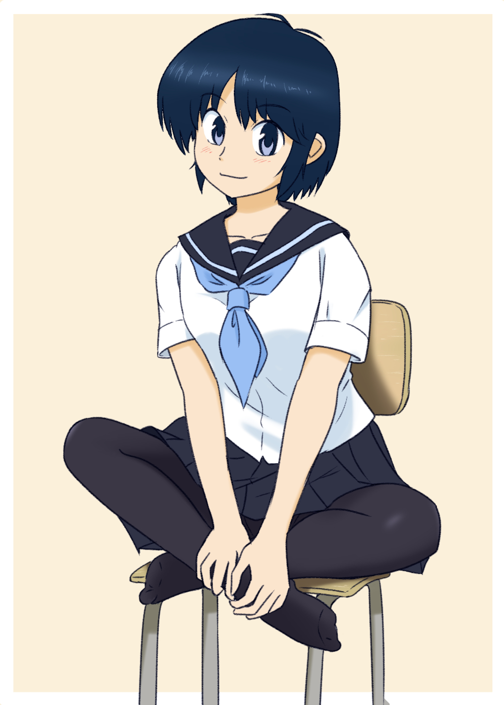 1girl barefoot black_pantyhose blue_eyes blue_hair blue_neckerchief blue_sailor_collar chair feet_on_chair full_body highres indian_style looking_at_viewer morinaka_hajime neckerchief on_chair original pantyhose sailor_collar school_uniform serafuku shirt short_hair simple_background sitting solo white_shirt