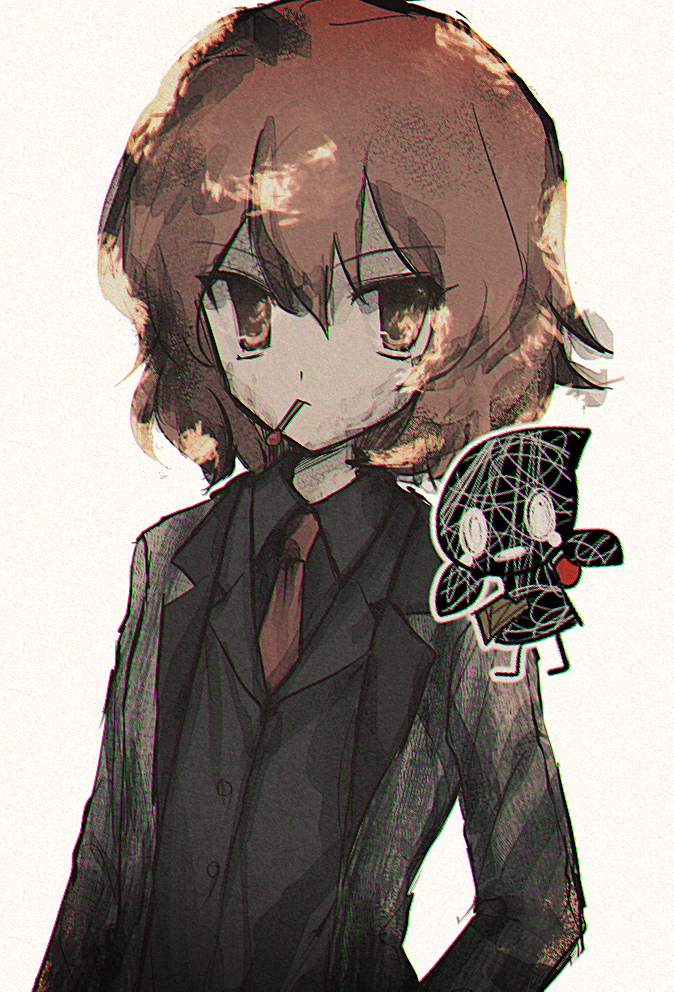1other androgynous atoymk black_shirt black_vest chromatic_aberration closed_mouth collared_shirt crossover e.g.o_(project_moon) film_grain grey_jacket hair_between_eyes jacket len'en lobotomy_corporation long_sleeves necktie open_clothes open_jacket orange_eyes project_moon red_hair red_necktie scorched_girl shirt shitodo_hooaka simple_background upper_body vest white_background