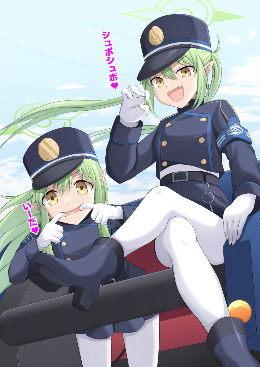 2girls armband belt black_belt black_hat blue_archive blue_armband blush buttons cross_(crossryou) double-breasted gloves green_hair green_halo halo hat highres hikari_(blue_archive) long_hair long_sleeves looking_at_viewer multiple_girls nozomi_(blue_archive) open_mouth pantyhose peaked_cap pleated_skirt pointy_ears skirt train_conductor white_gloves white_pantyhose yellow_eyes