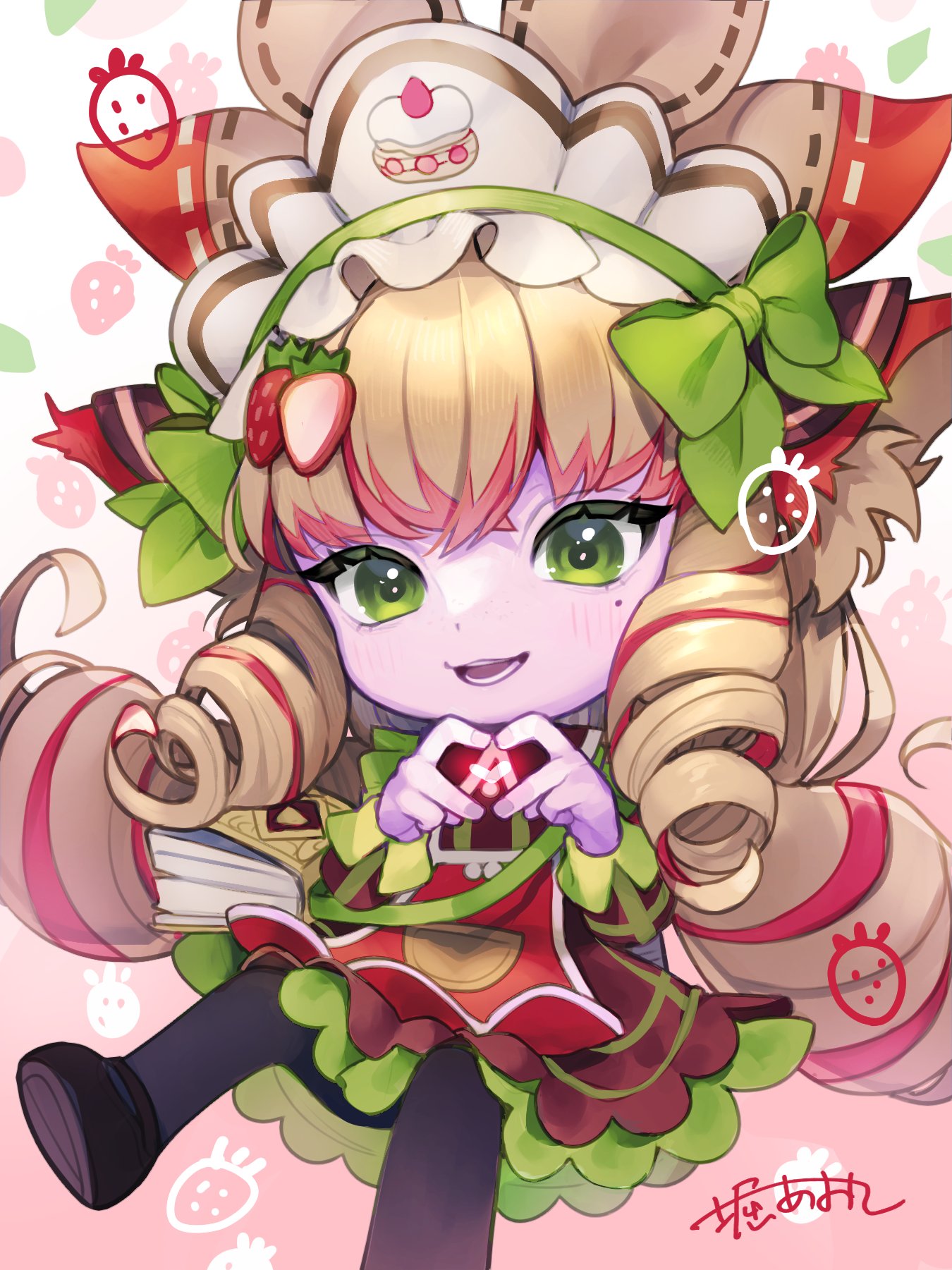 1girl :d aoko_(torisoboro) black_footwear black_pantyhose blonde_hair blush cafe_cuties_lulu dress drill_hair food-themed_hair_ornament green_dress green_eyes hair_ornament highres league_of_legends long_hair lulu_(league_of_legends) maid_headdress mole mole_under_eye multicolored_hair pantyhose red_dress red_hair shoes smile solo strawberry_hair_ornament teeth twin_drills