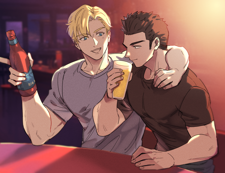 2boys ao_isami arm_around_neck artist_request black_hair blonde_hair bottle facial_hair lewis_smith male_focus multiple_boys pectorals shirt sideburns_stubble sitting smile stubble t-shirt thick_eyebrows toned toned_male wine_bottle yuuki_bakuhatsu_bang_bravern