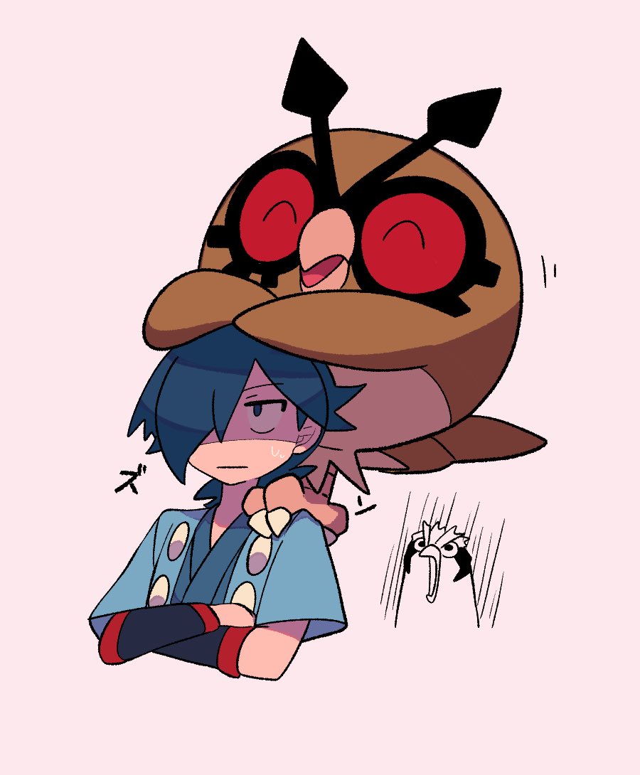 1boy :| bird black_wristband closed_mouth crossed_arms falkner_(pokemon) hair_over_one_eye haori hoothoot japanese_clothes kimono looking_up male_focus medium_hair on_shoulder partially_colored pidgey pokemon pokemon_(creature) pokemon_hgss pokemon_on_shoulder sweatdrop tyako_089