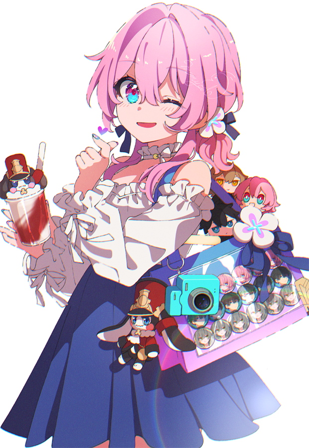 1girl :d bag bare_shoulders blue_eyes blue_skirt blush camera character_doll choker cowboy_shot cup detached_sleeves disposable_cup doll drinking_straw frilled_choker frilled_sleeves frills hair_between_eyes hair_ornament hands_up heart holding holding_cup honkai:_star_rail honkai_(series) mamyouda march_7th_(honkai:_star_rail) one_eye_closed open_mouth pink_hair pom-pom_(honkai:_star_rail) simple_background skirt smile solo white_background