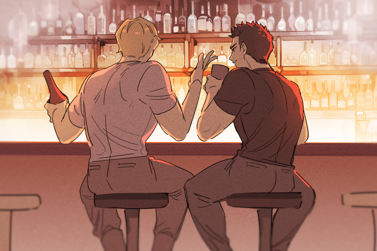 2boys ao_isami artist_request bar_(place) black_hair blonde_hair couple facial_hair facing_away feet_out_of_frame from_behind lewis_smith male_focus multiple_boys shirt side-by-side sideburns_stubble sitting smile stubble t-shirt thick_eyebrows yaoi yuuki_bakuhatsu_bang_bravern