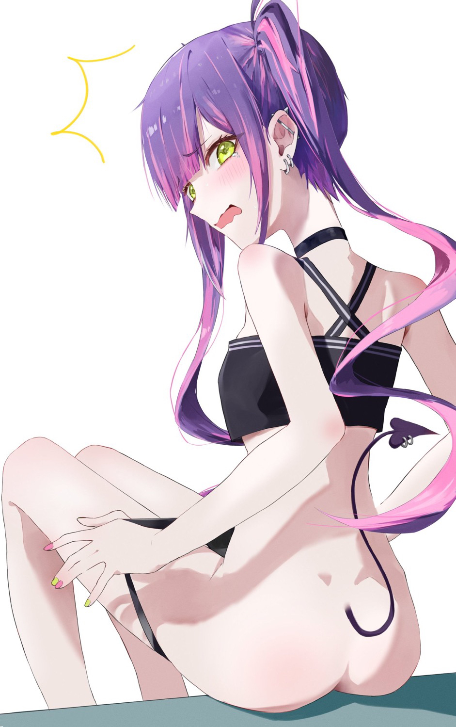 1girl ^^^ ass barbell_piercing bare_shoulders black_panties black_tank_top blush colored_inner_hair commentary_request criss-cross_back-straps crop_top demon_tail dimples_of_venus ear_piercing embarrassed from_behind green_eyes hair_ornament hairclip highres hololive industrial_piercing long_hair looking_at_viewer matttttya1 multicolored_hair panties panty_pull piercing pink_hair pulled_by_self purple_hair sidelocks sitting solo spike_piercing streaked_hair swept_bangs tail tail_ornament tail_piercing tank_top tearing_up textless_version tokoyami_towa tokoyami_towa_(1st_costume) twintails underwear undressing virtual_youtuber wavy_mouth