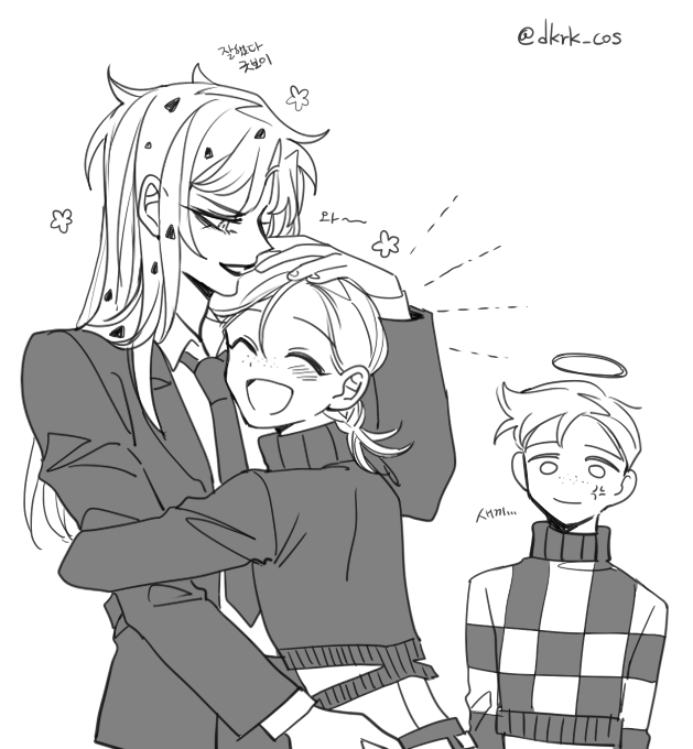 3boys anger_vein braid braided_ponytail checkered_clothes checkered_sweater commentary_request diavolo dual_persona greyscale halo headpat hug jojo_no_kimyou_na_bouken korean_text long_hair male_focus monochrome multiple_boys necktie sempon_(doppio_note) spotted_hair suit translation_request twitter_username vento_aureo vinegar_doppio