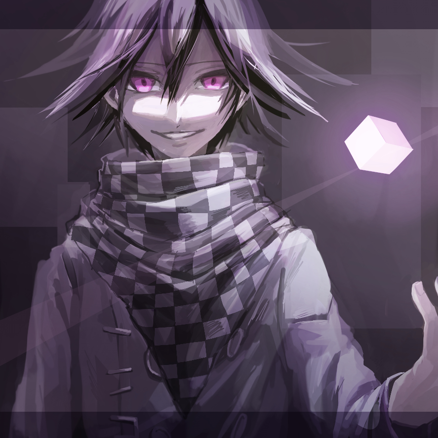 1boy black_scarf buttons checkered_clothes checkered_scarf commentary_request cube danganronpa_(series) danganronpa_v3:_killing_harmony double-breasted fingernails glowing grin hair_between_eyes jacket letterboxed long_sleeves looking_at_viewer male_focus nagichiro oma_kokichi outstretched_hand pink_eyes purple_background purple_eyes purple_theme scarf short_hair simple_background smile solo straight-on two-tone_scarf upper_body white_jacket white_scarf white_sleeves