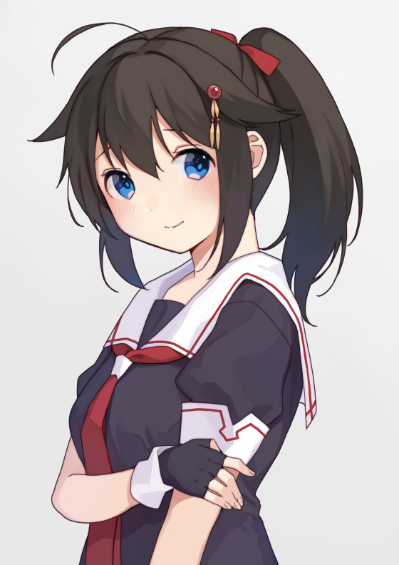 1girl ahoge alternate_hairstyle black_gloves black_hair black_serafuku black_shirt blue_eyes fingerless_gloves gloves hair_flaps kantai_collection long_hair mitsuyo_(mituyo324) neckerchief ponytail red_neckerchief sailor_collar sailor_shirt school_uniform serafuku shigure_(kancolle) shirt simple_background smile solo upper_body white_background white_sailor_collar