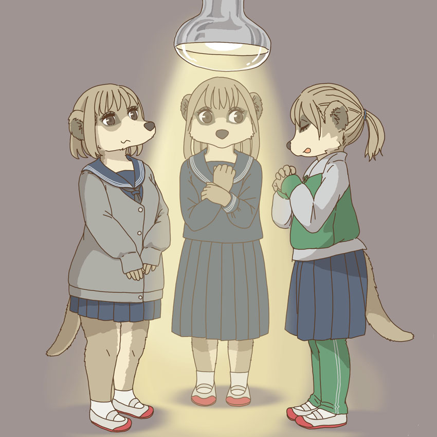 anthro clothed clothing ekaki510 female footwear group herpestid kemono lamp mammal meerkat school_uniform shoes trio uniform warming