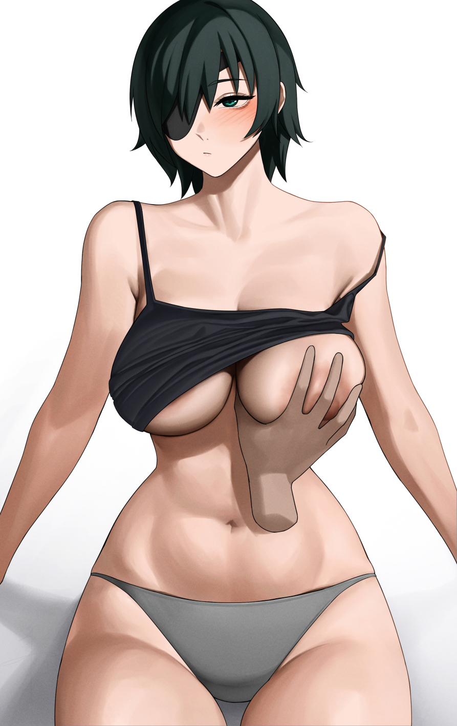 1boy 1girl averting_eyes black_camisole black_hair blush breasts camisole chainsaw_man collarbone disembodied_limb eyepatch grabbing grabbing_another's_breast grey_panties highres himeno_(chainsaw_man) large_areolae large_breasts navel nipples one_breast_out one_eye_covered panties senju_(snz0) short_hair sitting stomach strap_slip underwear