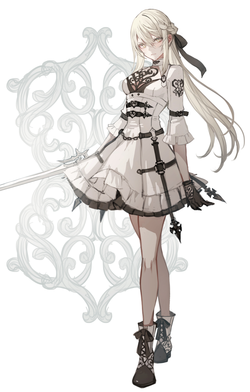 1girl ankle_boots arm_belt black_gloves black_ribbon blonde_hair boots breasts closed_mouth dress full_body gloves hair_between_eyes hair_ribbon highres holding holding_sword holding_weapon long_hair looking_at_viewer medium_breasts original ribbon senano-yu sidelocks solo standing sword weapon white_background white_dress white_footwear yellow_eyes