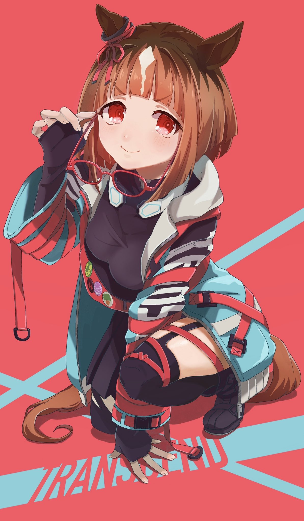 1girl animal_ears badge black_footwear black_gloves black_shirt black_skirt black_thighhighs boots breasts brown_hair button_badge character_name closed_mouth coat ear_ornament fanny_pack fingerless_gloves full_body garter_straps glasses gloves headphones headphones_around_neck highres holding holding_removed_eyewear horse_ears horse_girl horse_tail long_sleeves looking_at_viewer moko39_takasora on_one_knee open_clothes open_coat red_background red_eyes shirt short_hair skirt small_breasts solo tail thighhighs transcend_(umamusume) umamusume unworn_eyewear v-shaped_eyebrows