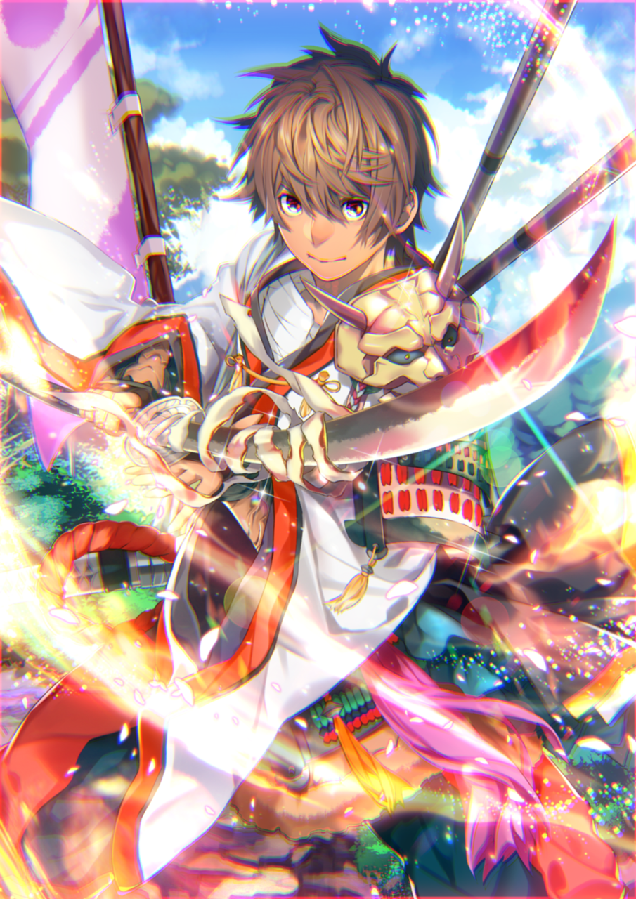 1boy armor blue_sky brown_eyes brown_hair character_request check_character check_copyright closed_mouth cloud commentary_request copyright_request cowboy_shot day fighting_stance fingerless_gloves flag foliage gloves hair_between_eyes highres holding holding_sword holding_weapon japanese_armor japanese_clothes long_sleeves looking_at_viewer male_focus matsu-jun momotarou momotarou_(character) original outdoors short_hair sky smile solo standing sword tan tree weapon