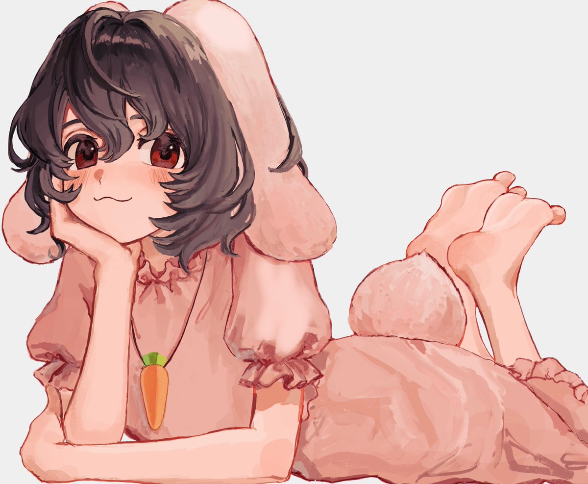 1girl :3 animal_ears arm_support b_nosk101 barefoot black_hair carrot_necklace closed_mouth dress feet_up floppy_ears frilled_sleeves frills full_body hand_on_own_cheek hand_on_own_face inaba_tewi jewelry looking_at_viewer lying medium_hair necklace on_stomach pink_dress rabbit_ears rabbit_girl rabbit_tail red_eyes simple_background smile soles solo tail touhou