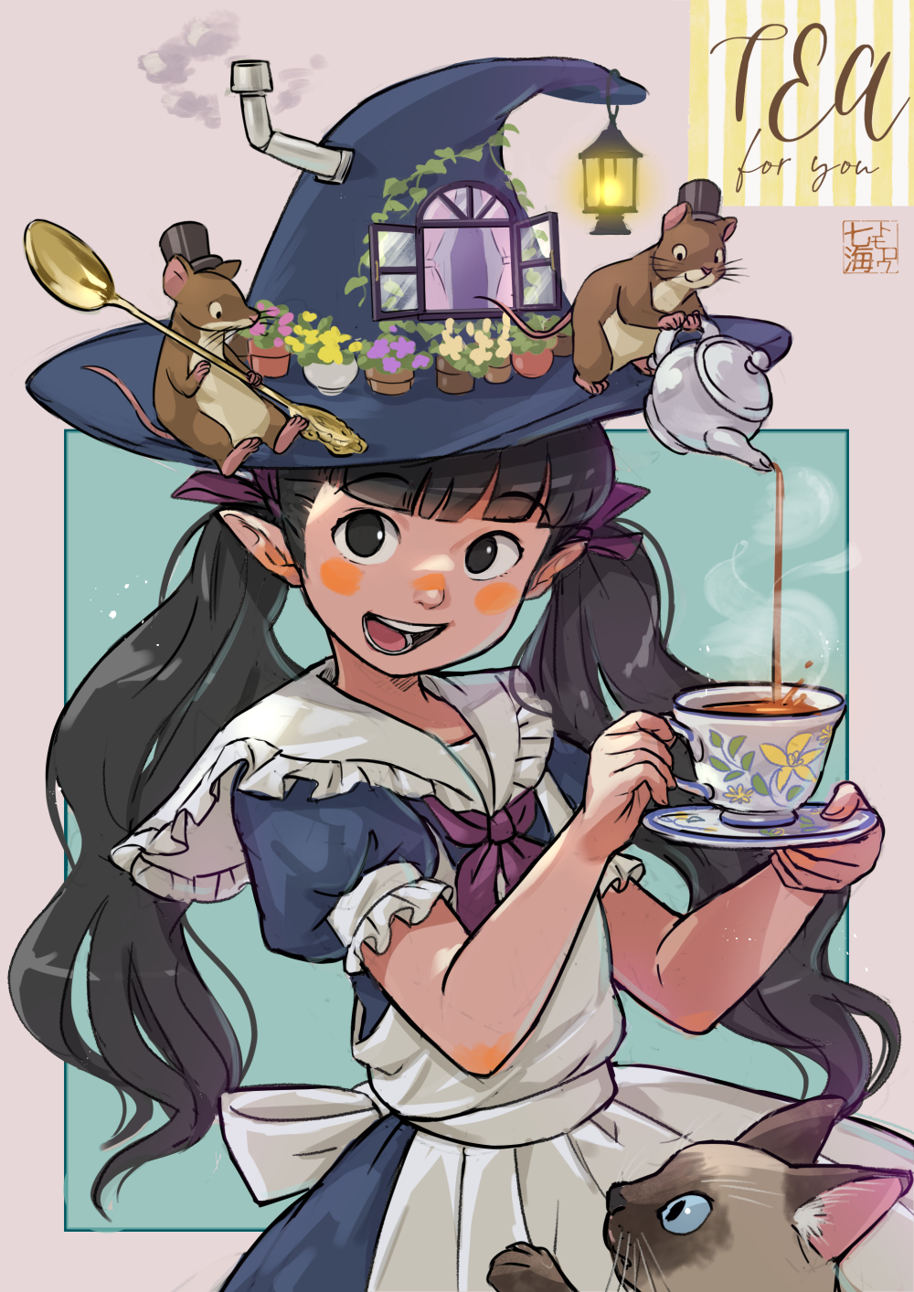 1girl :d animal apron black_eyes black_hair blue_dress blue_hat blunt_bangs blush blush_stickers bow cat chimney collar cup dress frilled_sailor_collar frills hair_bow hat highres lantern looking_at_viewer mouse nanami_tomorou nose_blush original plant pointy_ears potted_plant pouring puffy_short_sleeves puffy_sleeves purple_bow romaji_commentary sailor_collar short_sleeves smile smoke solo spoon tea teacup teapot teeth top_hat twintails white_apron white_collar window witch witch_hat