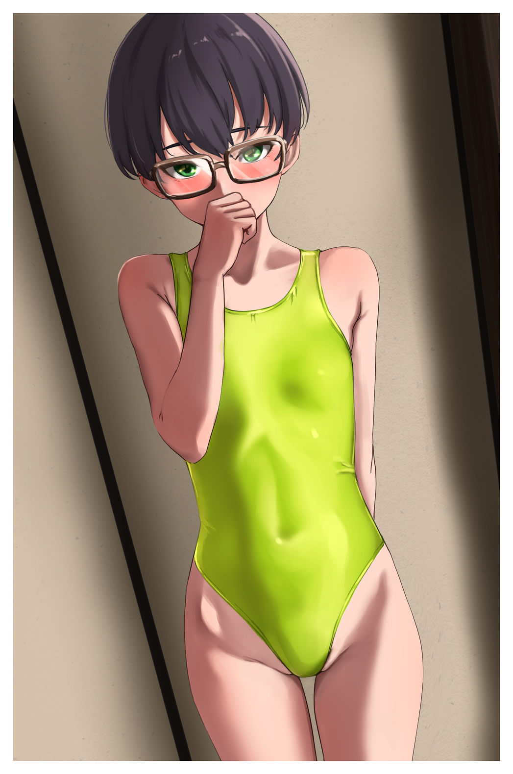 1girl arm_behind_back black_hair breasts competition_swimsuit covered_navel covering_own_mouth glasses green_eyes green_one-piece_swimsuit highres looking_at_viewer mutsumura_ryuuichi one-piece_swimsuit original short_hair small_breasts solo swimsuit