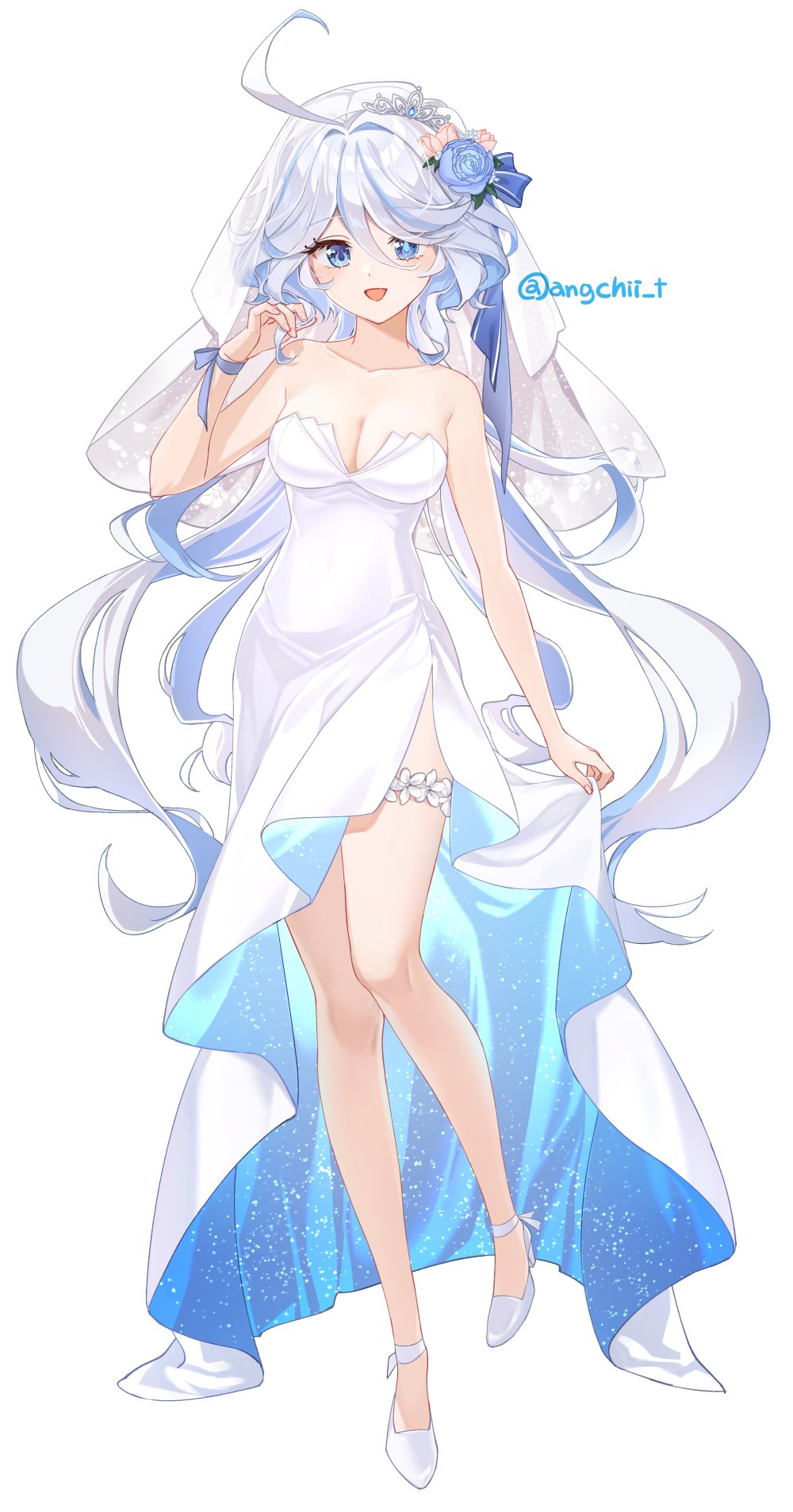 1girl angchi bare_shoulders blue_dress blue_eyes blue_hair breasts cleavage collarbone dress drop-shaped_pupils flower full_body furina_(genshin_impact) genshin_impact grey_hair hair_between_eyes hair_flower hair_ornament hand_up heterochromia high-low_skirt high_heels highres knee_up long_hair looking_at_viewer medium_breasts multicolored_hair open_mouth playing_with_own_hair side_slit simple_background skirt_hold solo standing standing_on_one_leg strapless strapless_dress streaked_hair symbol-shaped_pupils thigh_scrunchie tiara twitter_username two-sided_dress two-sided_fabric wavy_hair wedding_dress white_background white_dress white_footwear white_veil wristband