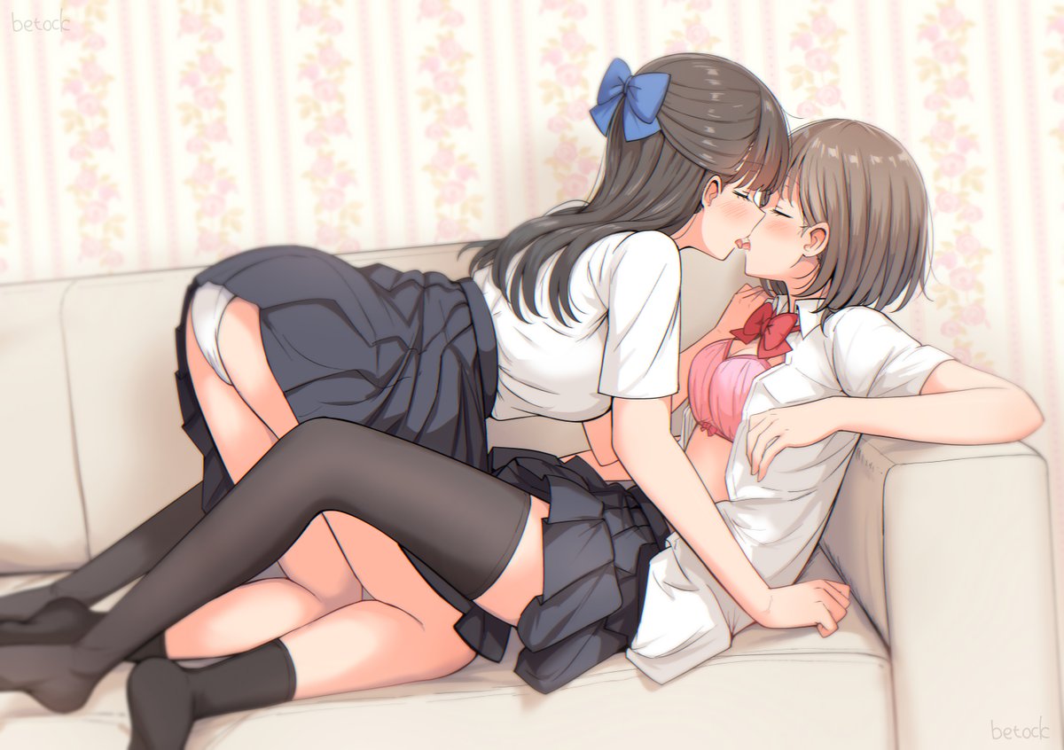 2girls artist_name betock black_hair black_skirt black_socks black_thighhighs blue_bow bow bowtie bra breasts brown_hair closed_eyes commentary_request couch hair_bow half_updo imminent_kiss kiss lineart long_hair medium_breasts multiple_girls no_shoes on_couch open_mouth original panties pink_bra pleated_skirt red_bow red_bowtie school_uniform shirt shirt_tucked_in short_hair short_sleeves skirt socks spot_color sweat thighhighs tongue tongue_out underwear white_panties white_shirt yuri