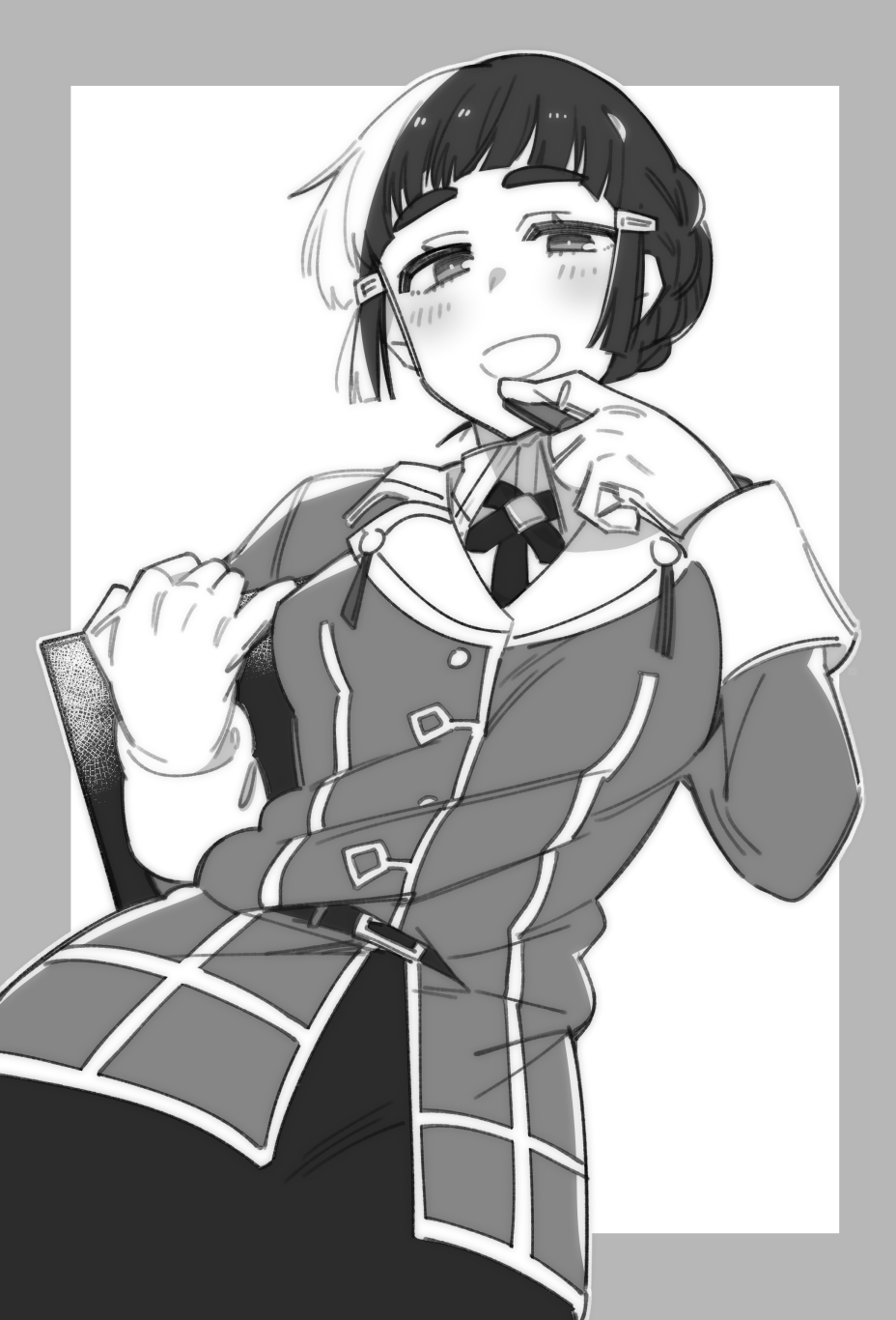 1girl blunt_bangs braid braided_bun clipboard gloves greyscale hair_bun higaragi highres jacket kantai_collection long_hair looking_at_viewer military_jacket military_uniform monochrome myoukou_(kancolle) myoukou_kai_ni_(kancolle) pencil_skirt skirt solo thick_eyebrows uniform