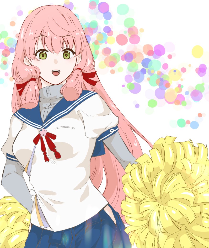 1girl akashi_(kancolle) blue_sailor_collar blue_skirt blunt_tresses enami_(e373) green_eyes hair_ribbon hip_vent holding holding_pom_poms kantai_collection layered_sleeves long_hair long_sleeves pink_hair pleated_skirt pom_pom_(cheerleading) ribbon sailor_collar sailor_shirt school_uniform serafuku shirt short_over_long_sleeves short_sleeves skirt smile solo tress_ribbon white_background white_shirt