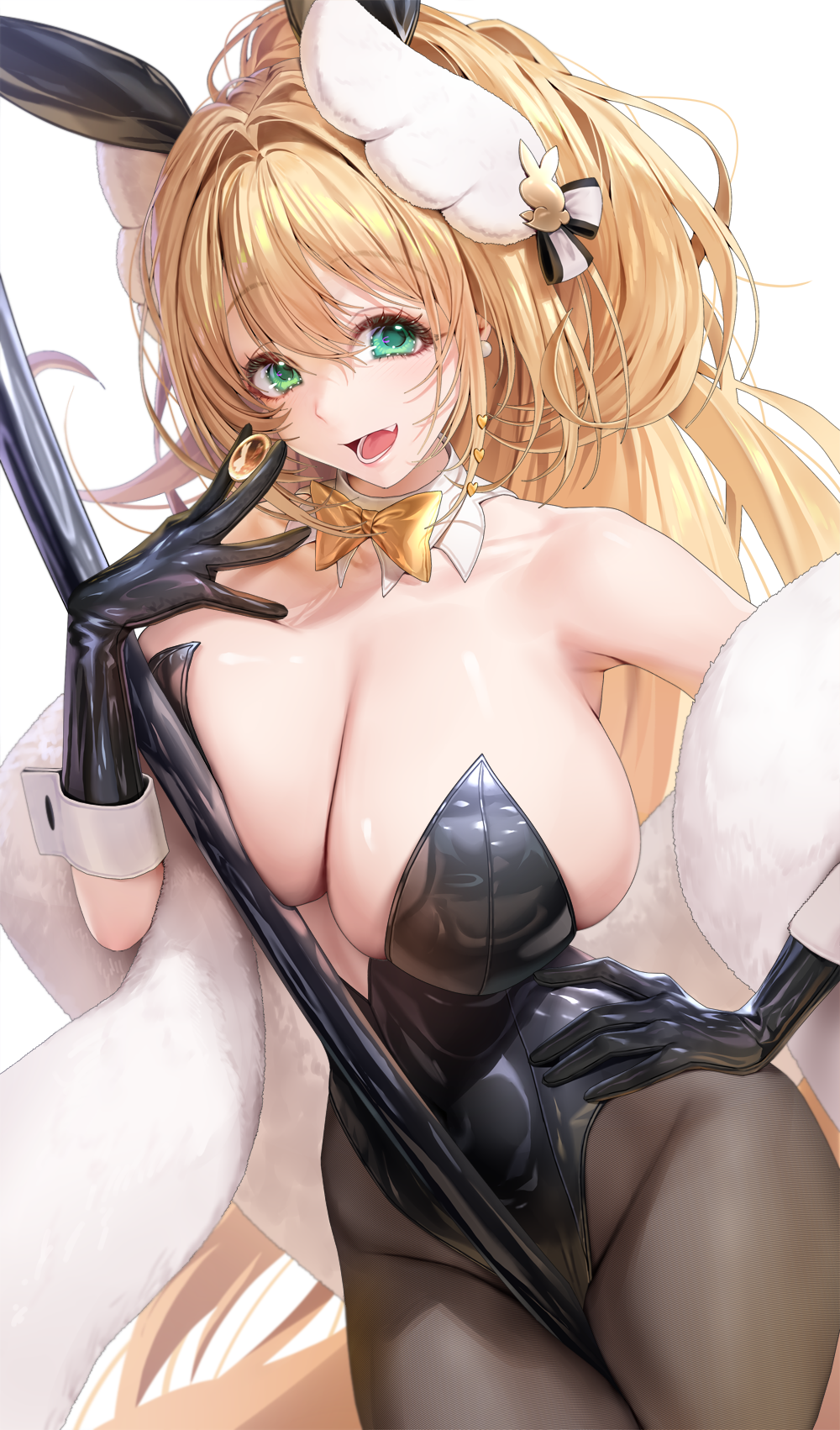 1girl animal_ears bare_shoulders black_gloves black_leotard blonde_hair blush bow bowtie breasts brown_pantyhose cleavage detached_collar fake_animal_ears gloves goddess_of_victory:_nikke green_eyes hair_intakes hair_ornament highleg highleg_leotard highres huge_breasts leotard long_hair looking_at_viewer official_alternate_costume open_mouth pantyhose playboy_bunny rabbit_ears ruhee rupee_(nikke) rupee_(rabbit_deluxe)_(nikke) sidelocks smile solo very_long_hair