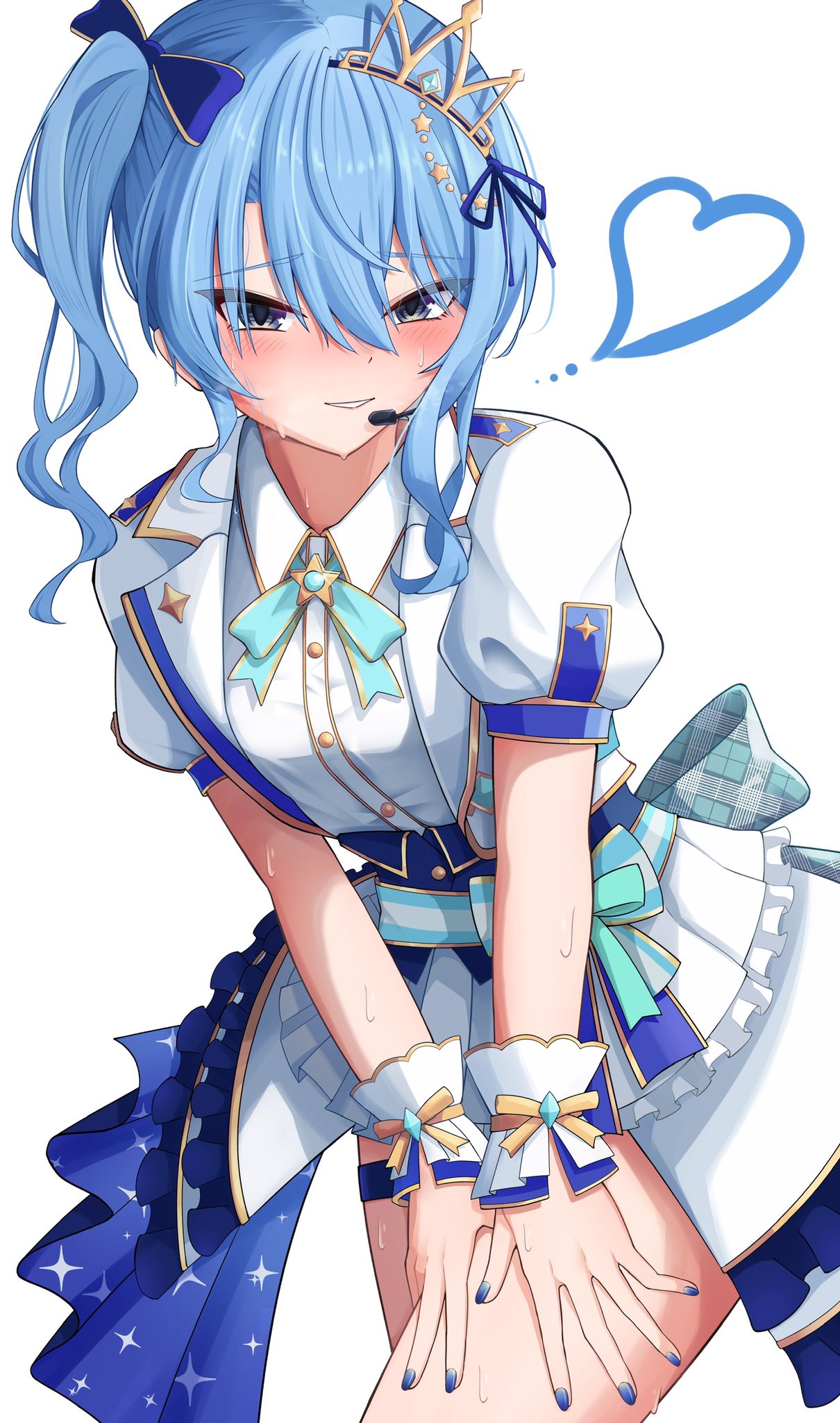 1girl blue_eyes blue_hair blue_nails blush bow buttons collar collared_shirt commentary_request cropped_jacket curly_hair dress_bow earpiece fingernails hair_between_eyes hair_bow hands_on_own_thighs heart highres hiiragi_melt hololive hololive_idol_uniform_(bright) hoshimachi_suisei jacket lace lace_trim leaning_forward looking_at_viewer nail_polish official_alternate_costume parted_lips ponytail puffy_sleeves shirt short_hair side_ponytail simple_background skirt smile solo spoken_heart star_(symbol) star_in_eye sweat symbol_in_eye thighs tiara virtual_youtuber white_background white_jacket white_shirt white_skirt