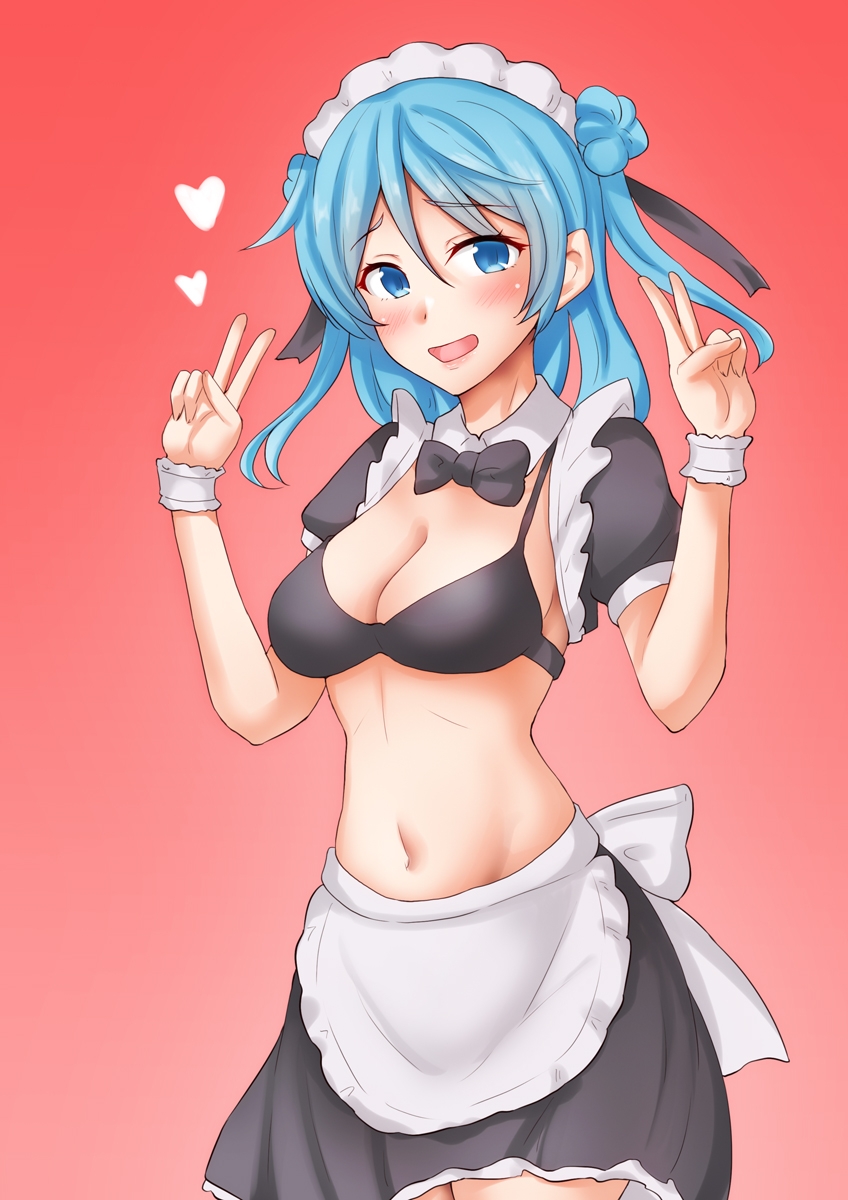 alternate_costume anti_(untea9) apron bikini black_bikini black_dress blue_hair breasts cowboy_shot double_v dress enmaided frilled_apron frills gradient_background heart highres kantai_collection lips maid maid_apron maid_headdress medium_breasts red_background swimsuit urakaze_(kancolle) v waist_apron white_apron