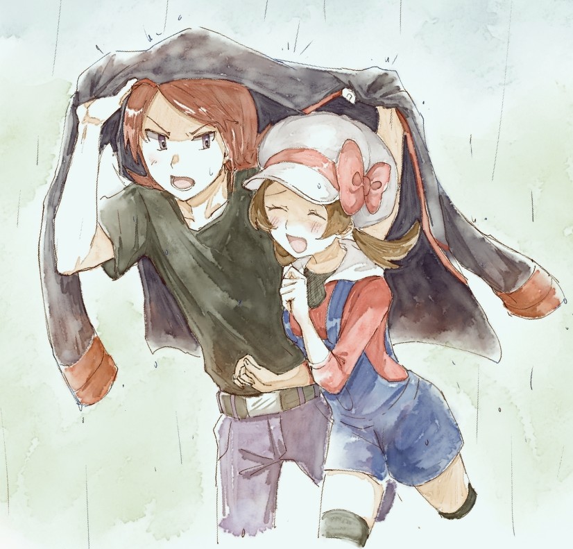 1boy 1girl :d asuka_rkgk belt belt_buckle blue_overalls blush brown_hair buckle closed_eyes commentary_request grey_eyes hat holding holding_clothes holding_jacket improvised_umbrella jacket lower_teeth_only lyra_(pokemon) open_mouth outdoors overalls pants pokemon pokemon_hgss rain red_hair shirt short_sleeves silver_(pokemon) smile sweatdrop t-shirt teeth thighhighs twintails white_hat