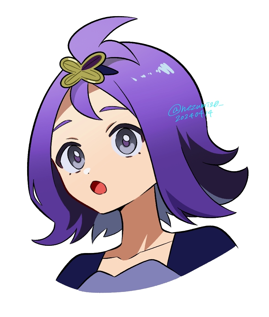 1girl :o acerola_(pokemon) collarbone commentary_request dated dress genjitsu_o_miro grey_eyes hair_ornament hairclip medium_hair open_mouth pokemon pokemon_sm portrait purple_hair purple_pupils simple_background solo tongue topknot white_background