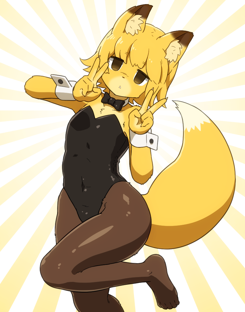 1girl animal_ear_fluff animal_ears black_bow black_bowtie black_leotard blonde_hair bow bowtie brown_pantyhose commentary_request double_v empty_eyes flat_chest foot_out_of_frame foot_up fox_ears fox_girl fox_tail furry furry_female leotard looking_at_viewer medium_bangs no_shoes open_mouth original pantyhose shirosato short_hair solo standing standing_on_one_leg strapless strapless_leotard tail v wrist_cuffs